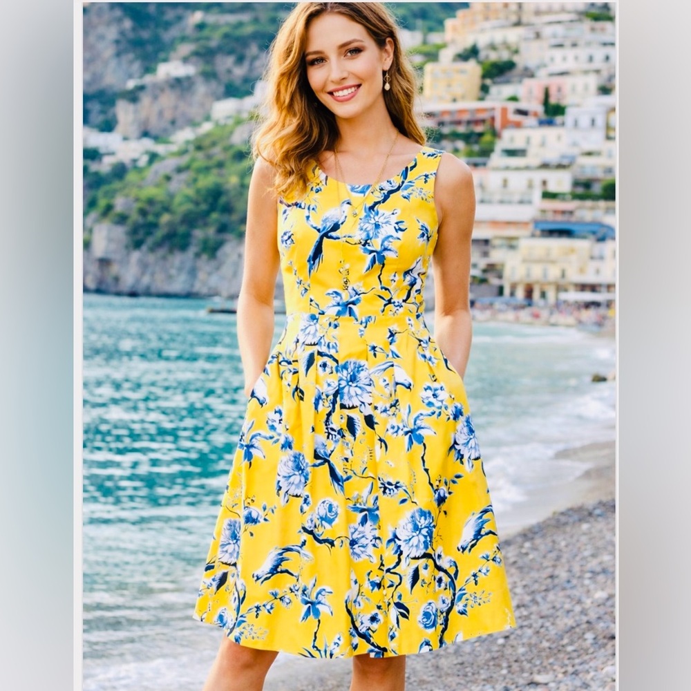 Talbots Yellow And Blue Bird Floral Toile Fit And Flare Sleeveless Dress.Size 12